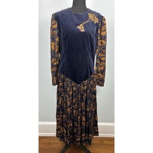 Donna Morgan Vintage Navy Velvet Paisley Midi Dress Gold Tassel 80s Size 11/12